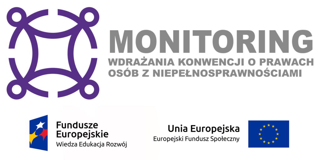 Logo Monitoringu wdrażania Konwencji o prawach osób z niepełnosprawnościami, razem z logami Funduszu Europejskiej - Wiedza Edukacja Rozwój i Unii Europejskiej - Europejski Fundusz Społeczny